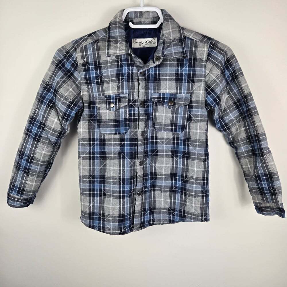 Sovereign Code Kids Blue/Gray Plaid Snap-Up Flannel Lined Light Shirt Jacket 5Y - Picture 1 of 8